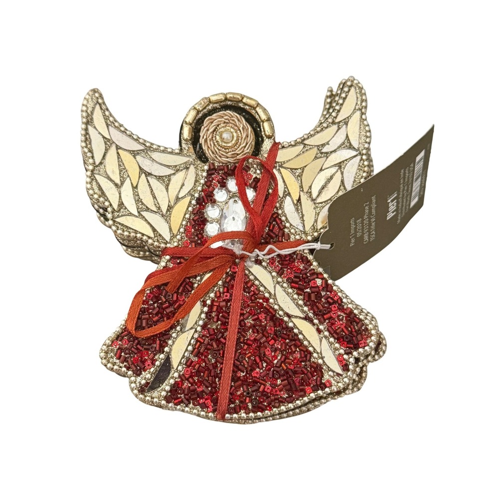 Pier 1 Imports Angel Coaster Set  Red Beaded Mosaic Gold Holiday Decor 6pc